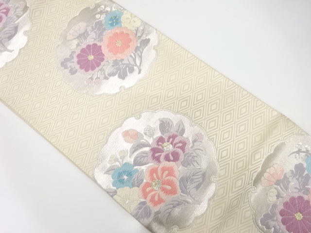 アンティーク　雪輪に椿・菊模様織り出し袋帯（材料）